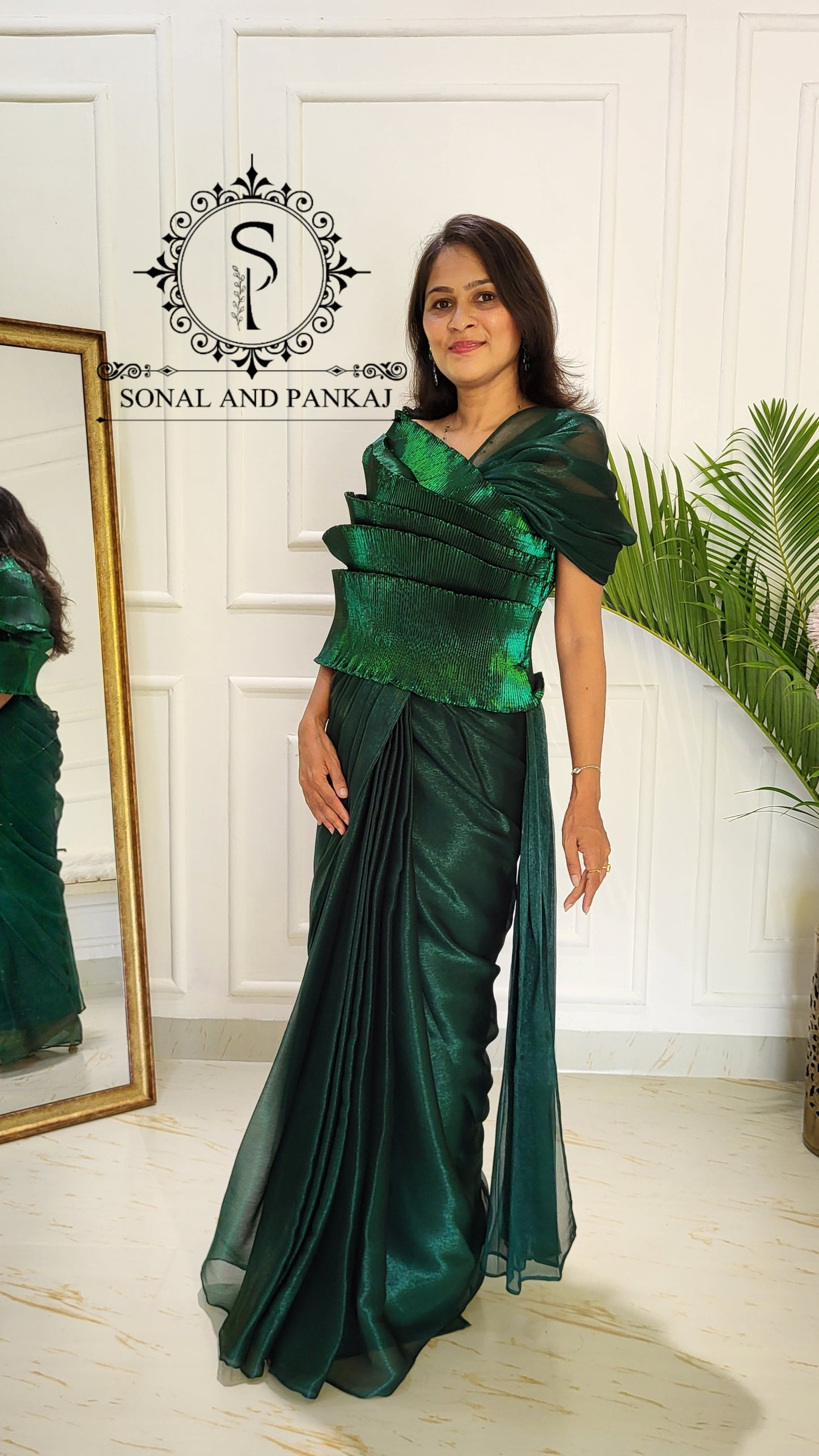 Desi Girl Vibe - Emerald Echo Top With Pre-pleated Saree - SA01577