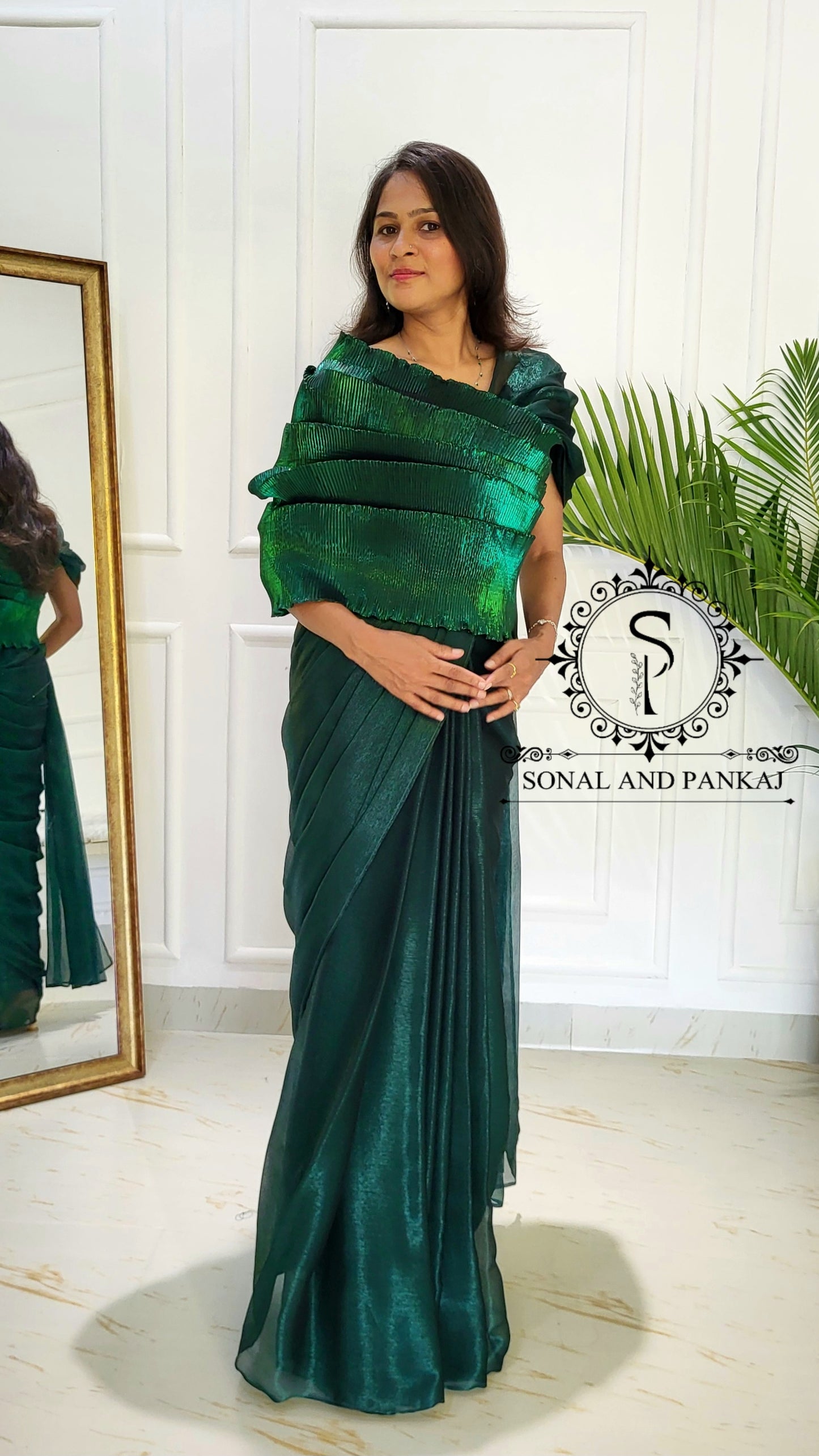 Desi Girl Vibe - Emerald Echo Top With Pre-pleated Saree - SA01577