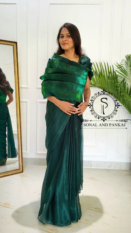 Desi Girl Vibe - Emerald Echo Top With Pre-pleated Saree - SA01577