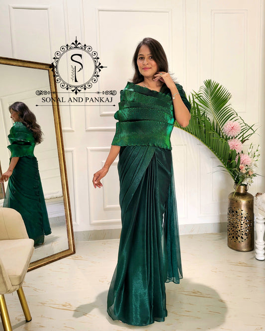 Desi Girl Vibe - Emerald Echo Top With Pre-pleated Saree - SA01577