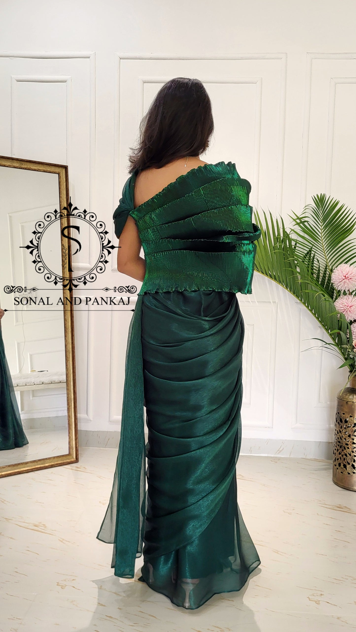 Desi Girl Vibe - Emerald Echo Top With Pre-pleated Saree - SA01577