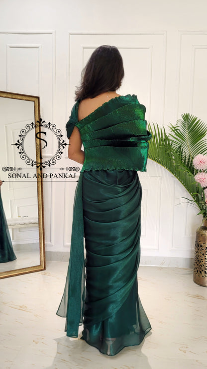 Desi Girl Vibe - Emerald Echo Top With Pre-pleated Saree - SA01577