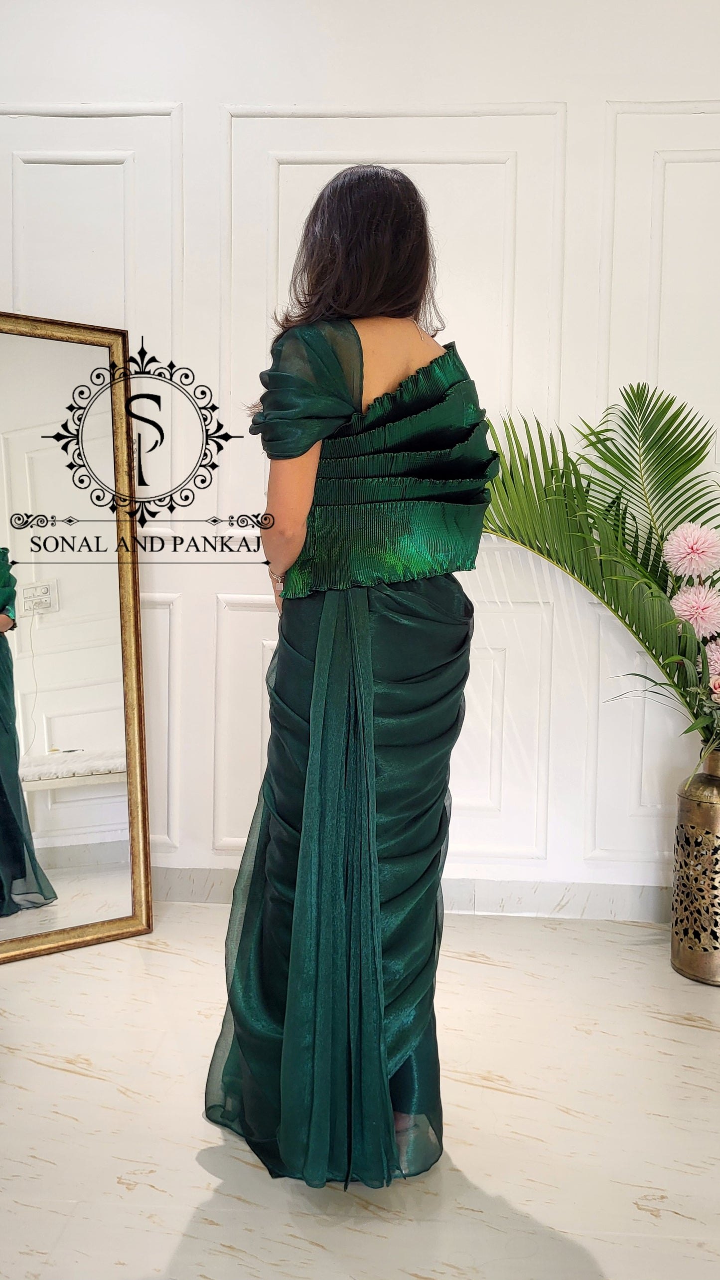 Desi Girl Vibe - Emerald Echo Top With Pre-pleated Saree - SA01577