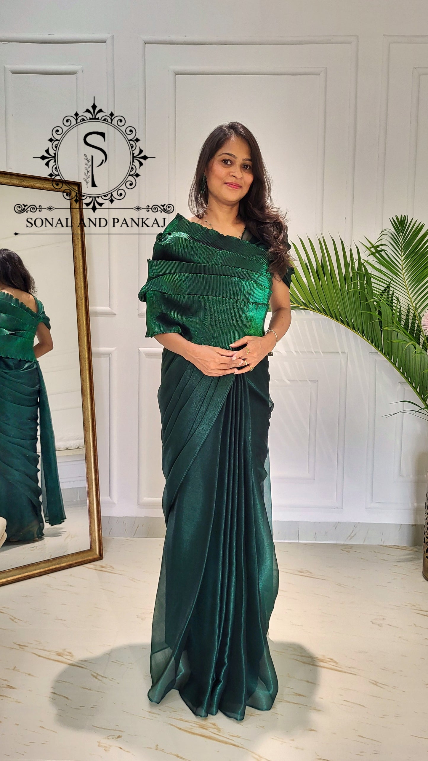 Desi Girl Vibe - Emerald Echo Top With Pre-pleated Saree - SA01577