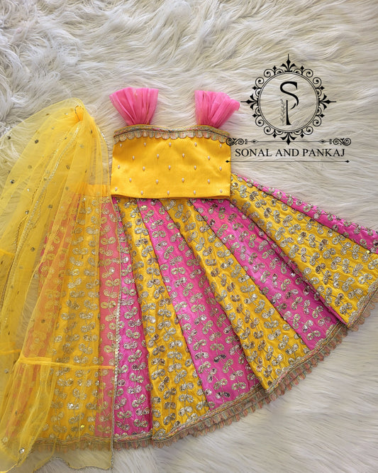 Braj Bala - Pink & Yellow Kids Lehenga Choli - KD01579