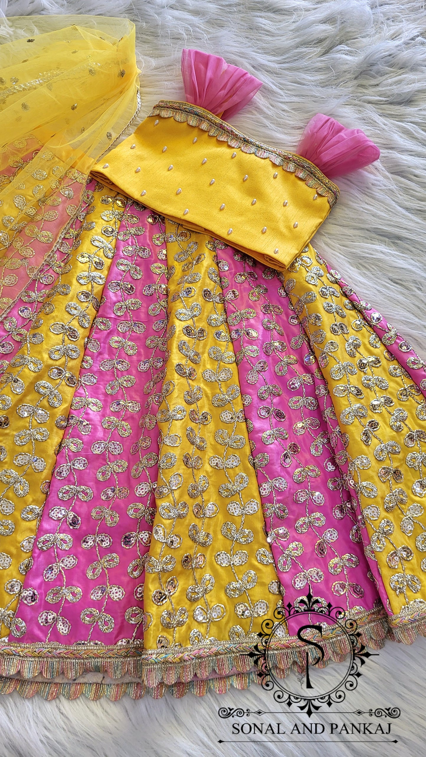 Braj Bala - Pink & Yellow Kids Lehenga Choli - KD01579