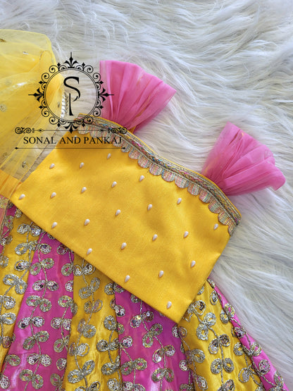 Braj Bala - Pink & Yellow Kids Lehenga Choli - KD01579