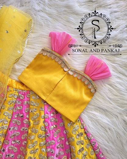 Braj Bala - Pink & Yellow Kids Lehenga Choli - KD01579