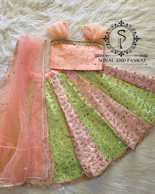 Braj Bala - Green & Peach Kids Lehenga Choli - KD01580