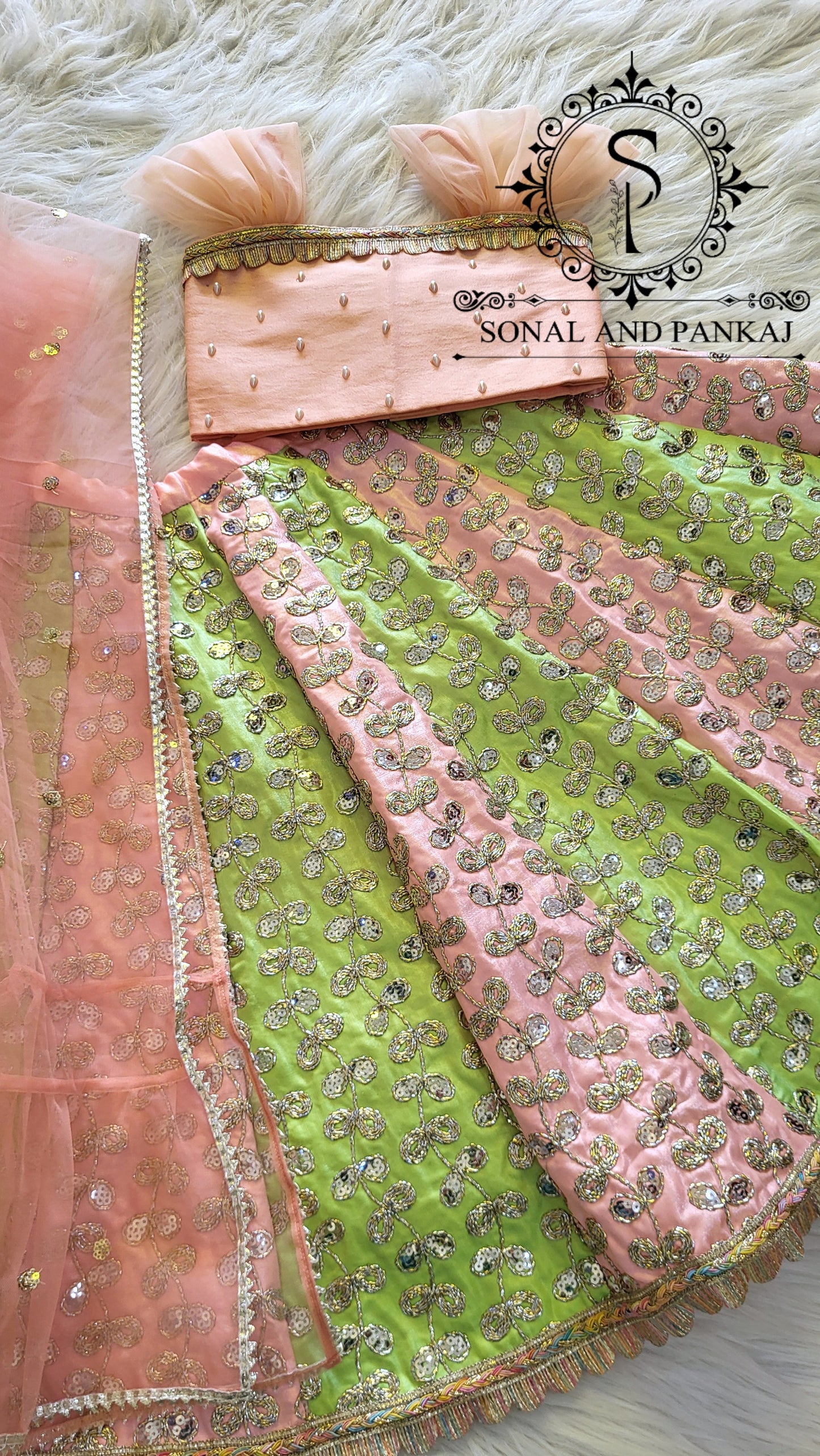 Braj Bala - Green & Peach Kids Lehenga Choli - KD01580