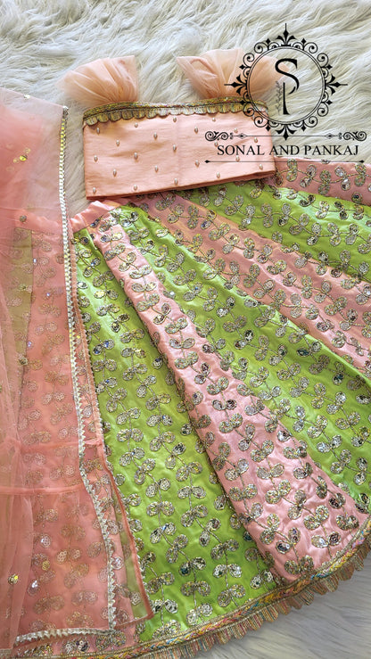 Braj Bala - Green & Peach Kids Lehenga Choli - KD01580