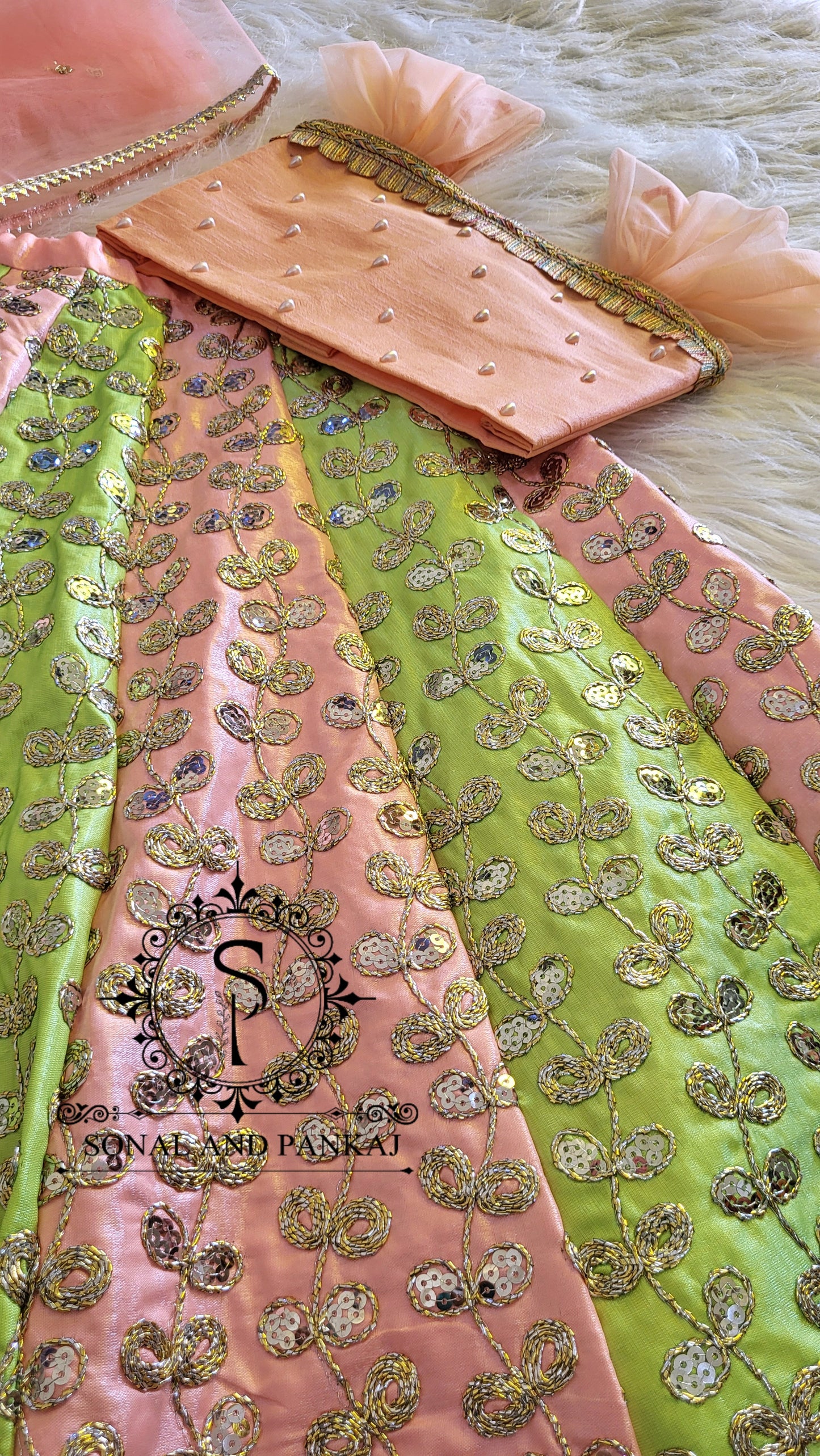 Braj Bala - Green & Peach Kids Lehenga Choli - KD01580