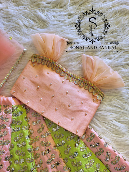 Braj Bala - Green & Peach Kids Lehenga Choli - KD01580