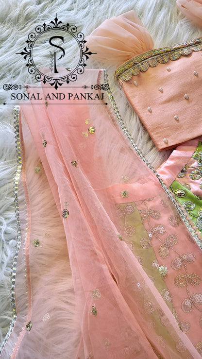 Braj Bala - Green & Peach Kids Lehenga Choli - KD01580