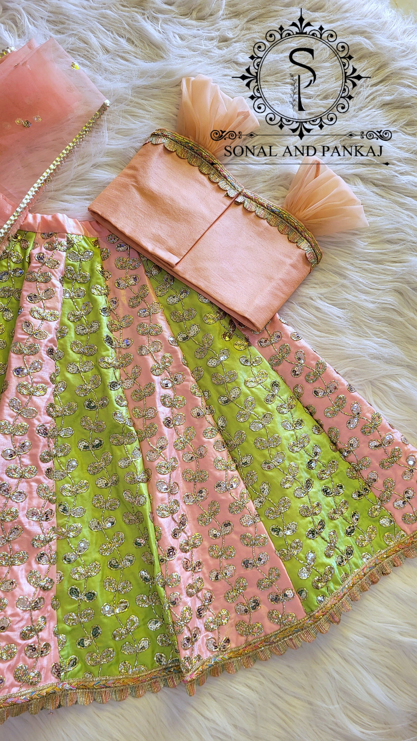 Braj Bala - Green & Peach Kids Lehenga Choli - KD01580