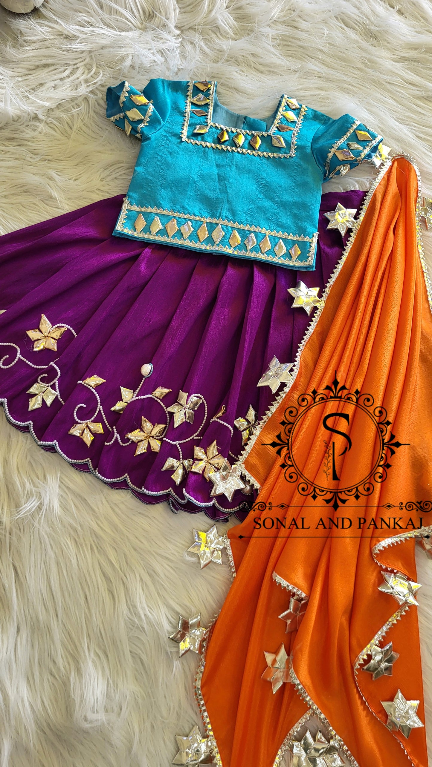 Barsana Vibes - Hand Embroidered Firozi Purple & Orange Kids Lehenga Choli - KD01581