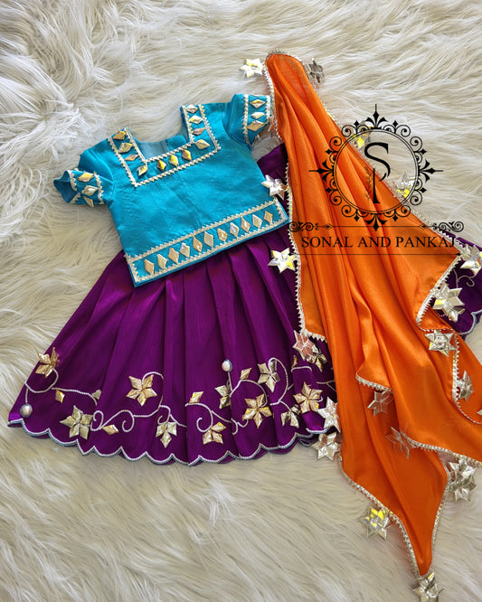 Barsana Vibes - Hand Embroidered Firozi Purple & Orange Kids Lehenga Choli - KD01581