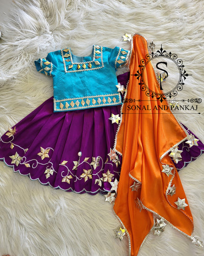 Barsana Vibes - Hand Embroidered Firozi Purple & Orange Kids Lehenga Choli - KD01581