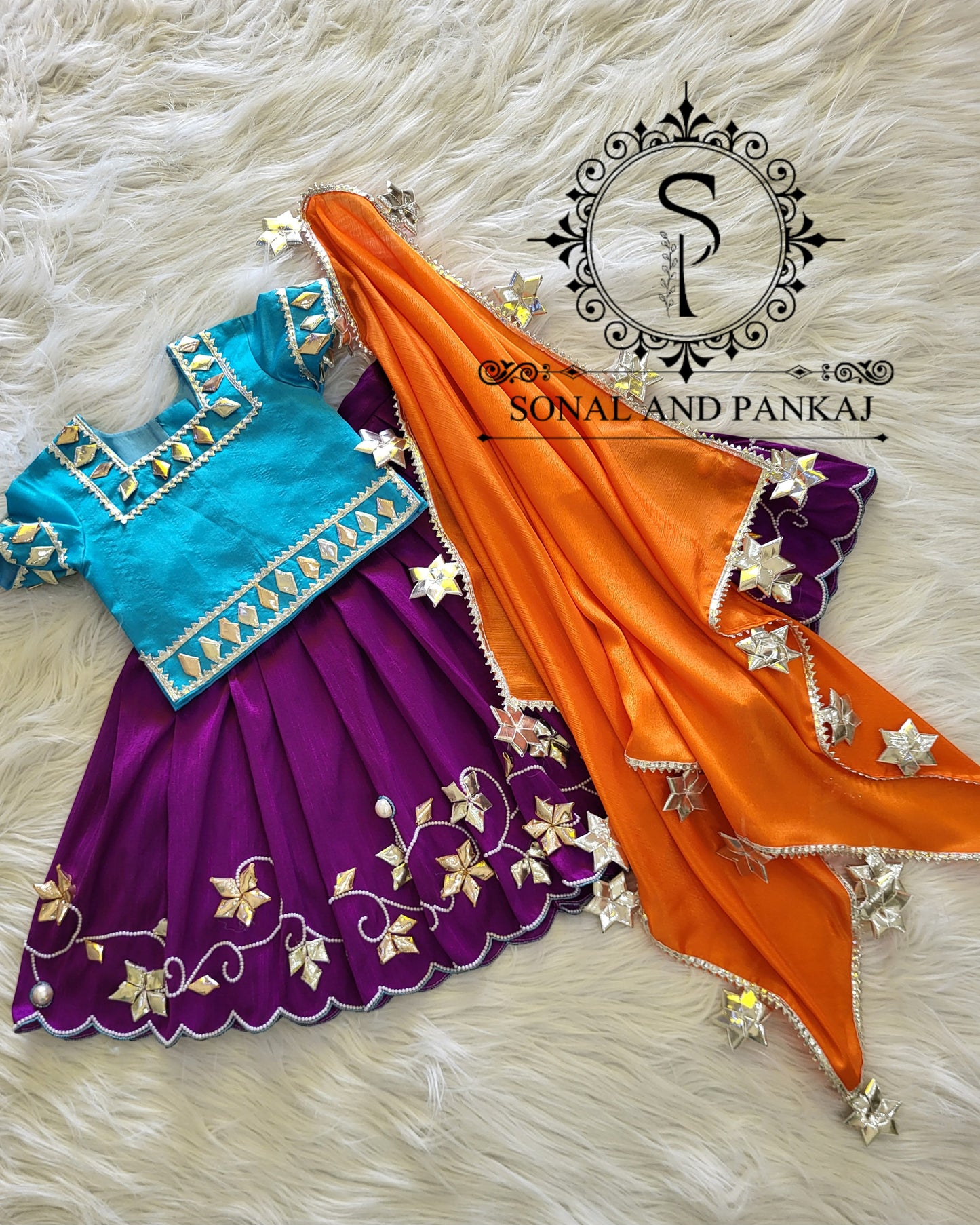Barsana Vibes - Hand Embroidered Firozi Purple & Orange Kids Lehenga Choli - KD01581