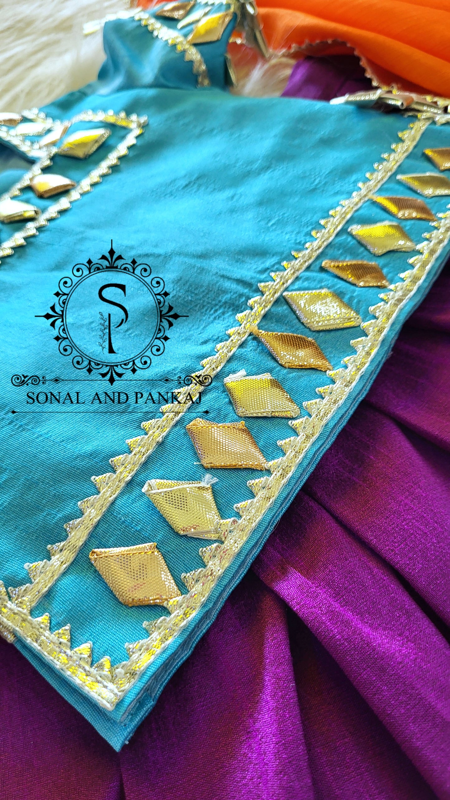 Barsana Vibes - Hand Embroidered Firozi Purple & Orange Kids Lehenga Choli - KD01581
