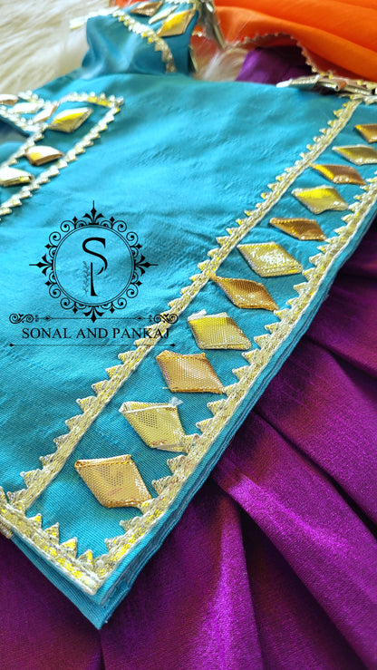 Barsana Vibes - Hand Embroidered Firozi Purple & Orange Kids Lehenga Choli - KD01581
