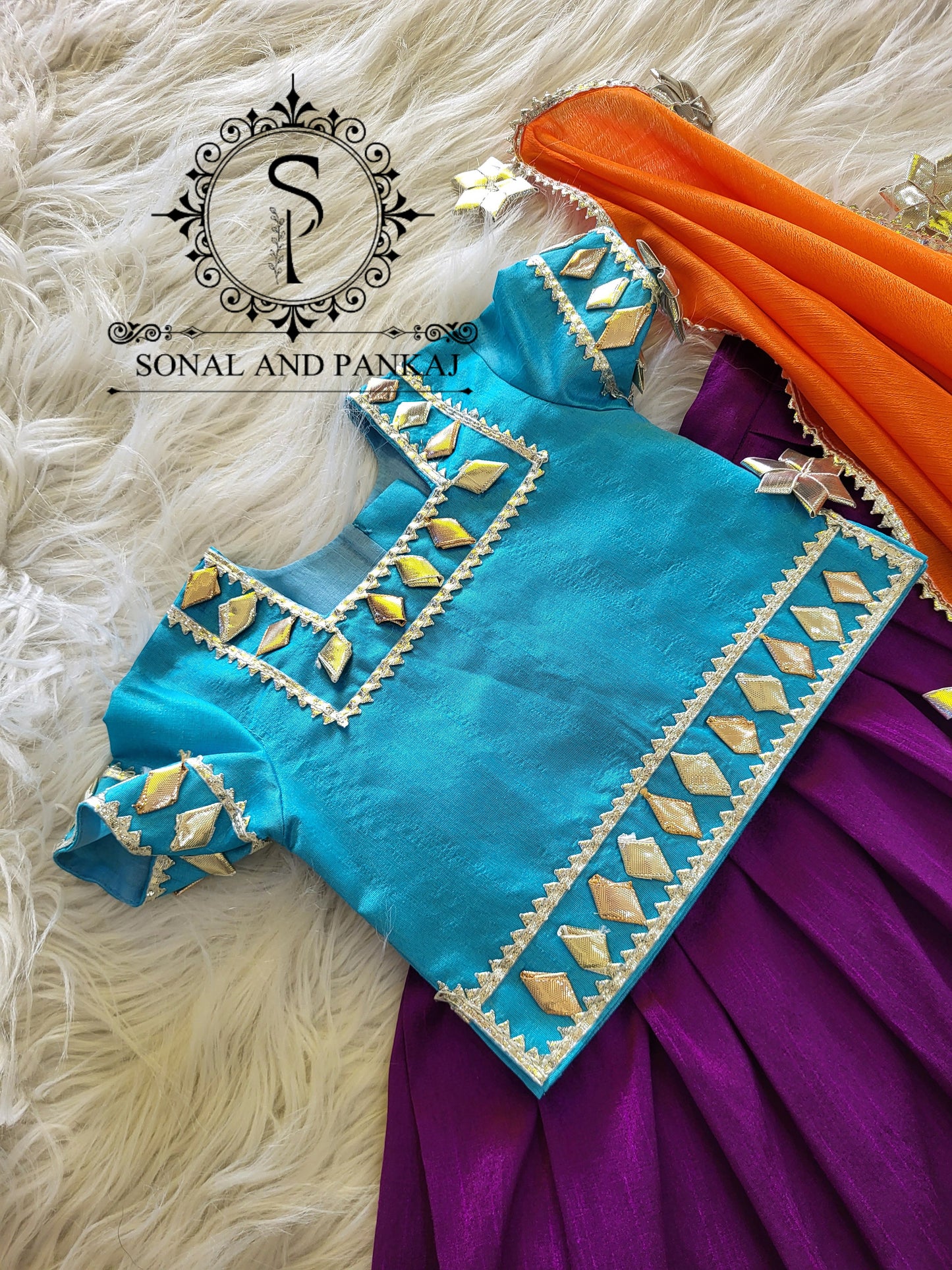 Barsana Vibes - Hand Embroidered Firozi Purple & Orange Kids Lehenga Choli - KD01581