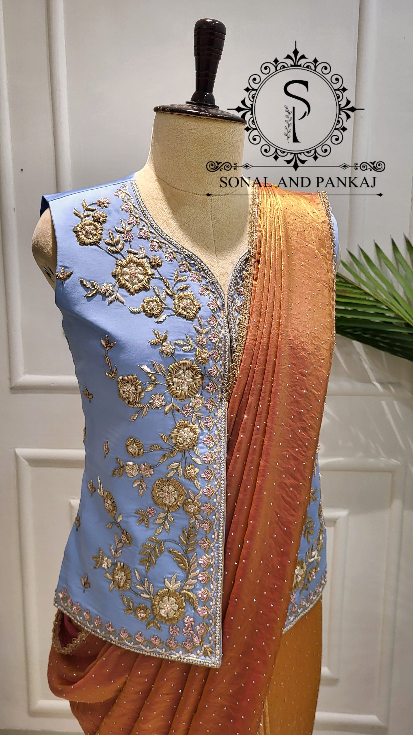 Ice Blue Zardozi Hand Embroidered Jacket & Burnt Peach Silver Pore Saree - SA01584