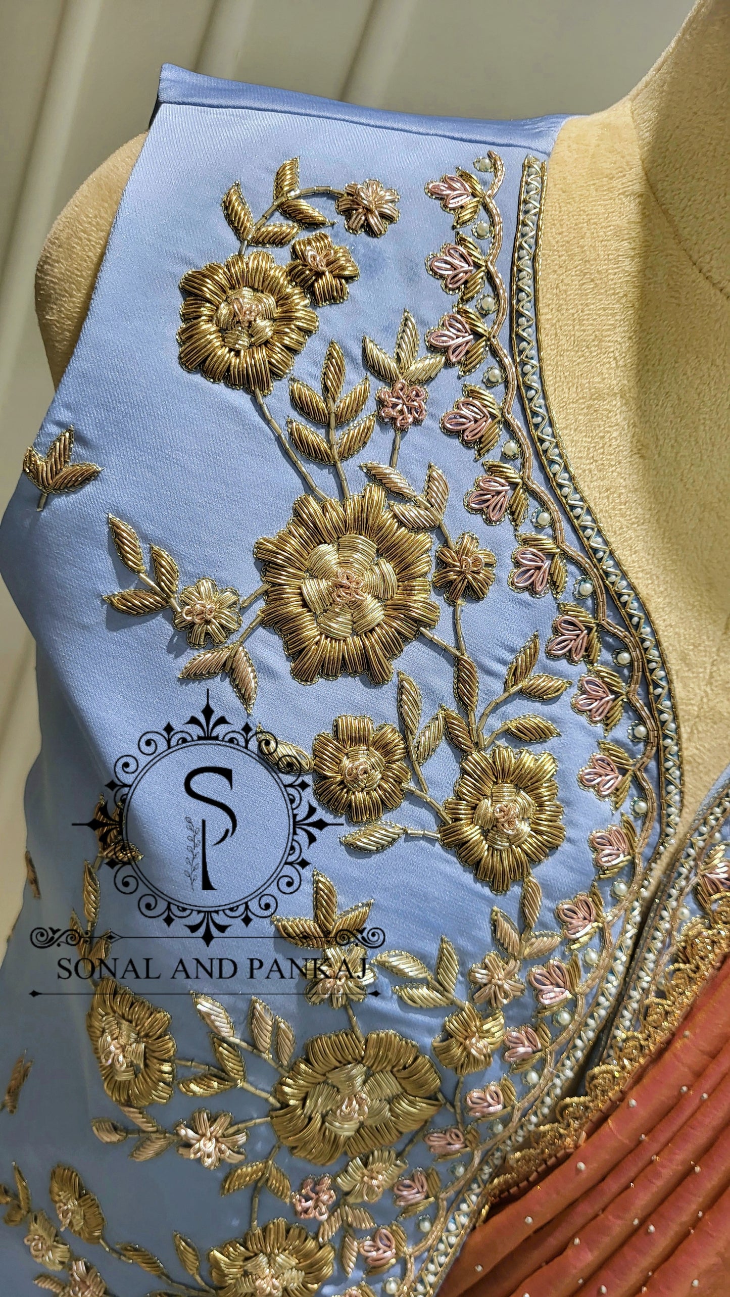 Ice Blue Zardozi Hand Embroidered Jacket & Burnt Peach Silver Pore Saree - SA01584