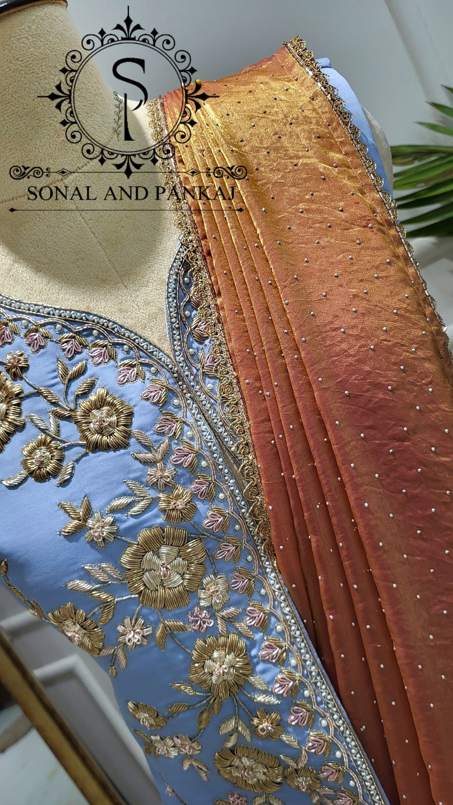 Ice Blue Zardozi Hand Embroidered Jacket & Burnt Peach Silver Pore Saree - SA01584