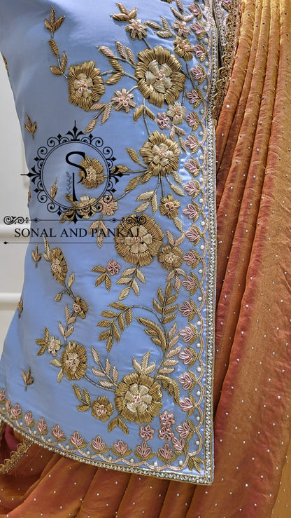 Ice Blue Zardozi Hand Embroidered Jacket & Burnt Peach Silver Pore Saree - SA01584