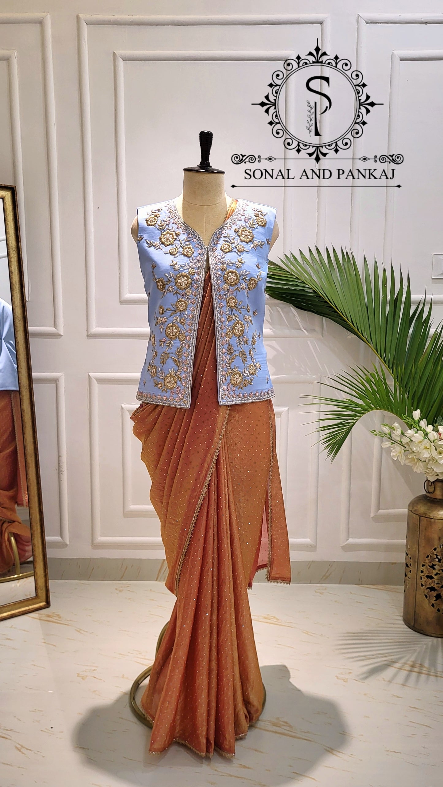 Ice Blue Zardozi Hand Embroidered Jacket & Burnt Peach Silver Pore Saree - SA01584