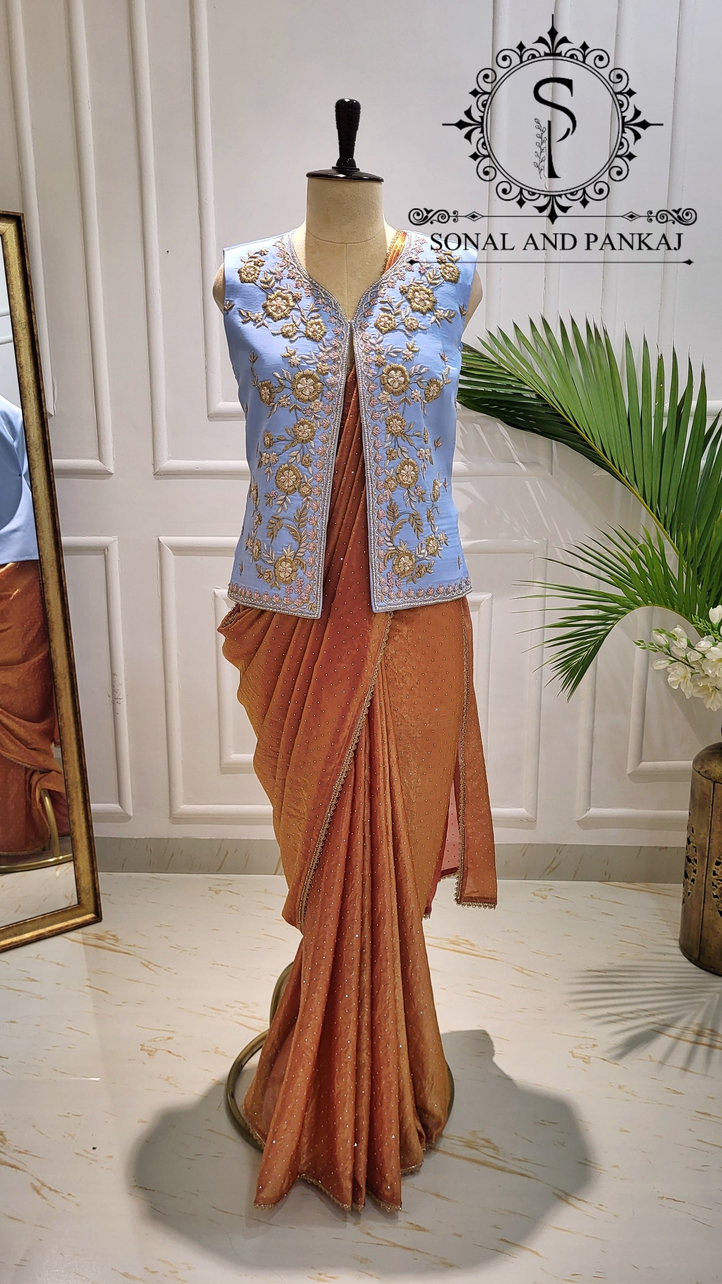 Ice Blue Zardozi Hand Embroidered Jacket & Burnt Peach Silver Pore Saree - SA01584