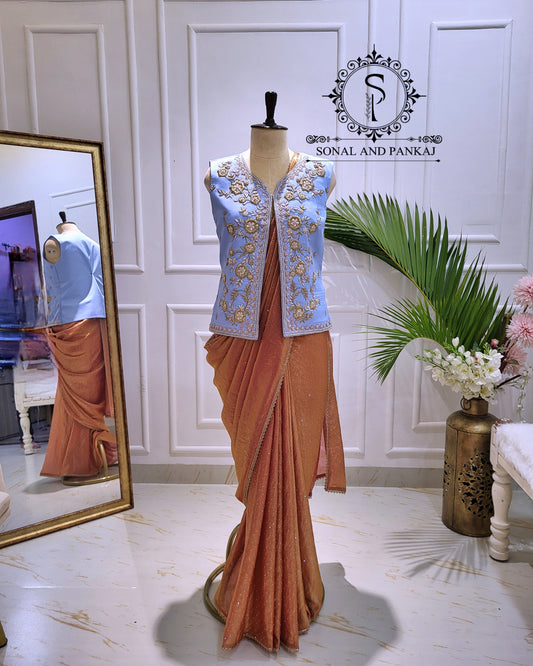 Ice Blue Zardozi Hand Embroidered Jacket & Burnt Peach Silver Pore Saree - SA01584