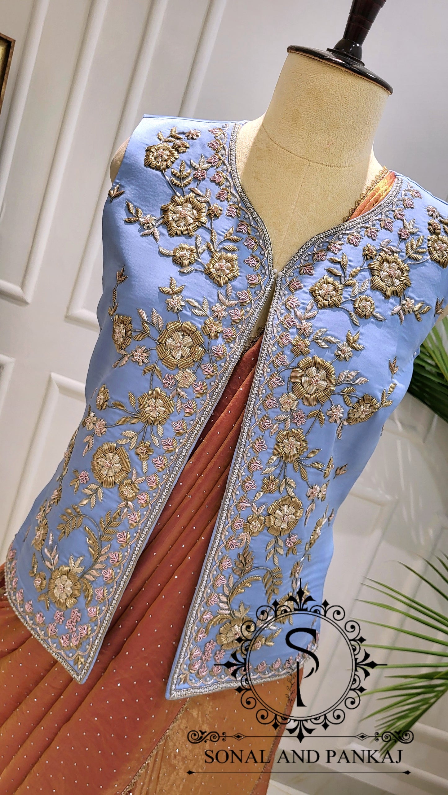 Ice Blue Zardozi Hand Embroidered Jacket & Burnt Peach Silver Pore Saree - SA01584