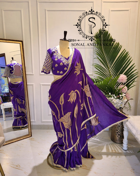 Nisha - Purple Gotta Patti Hand Embroidered Blouse & Designer Saree - SA01585