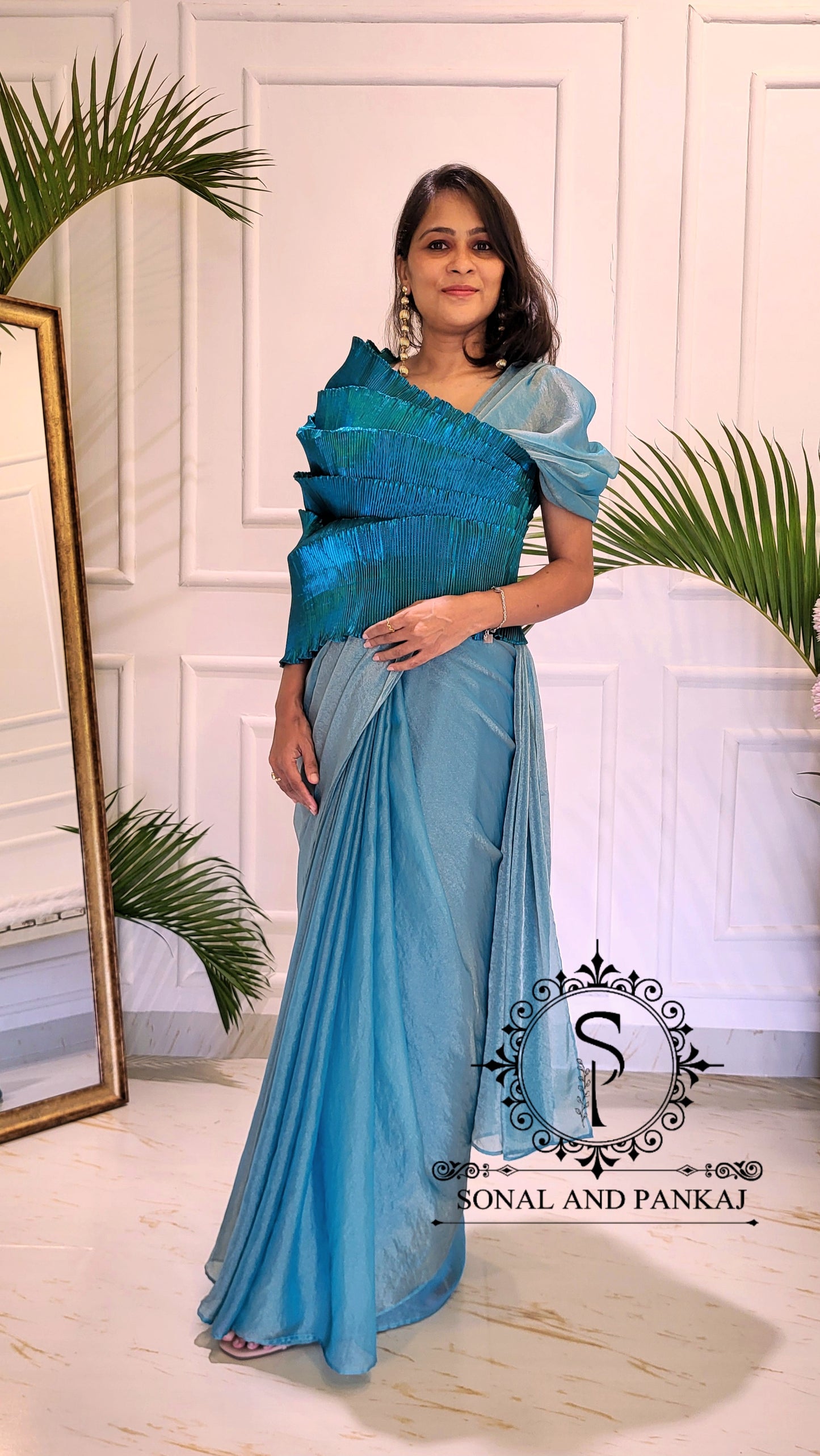 Desi Girl Vibe - Peacock Blue Top & Dusty Blue Pre-pleated Saree - SA01591