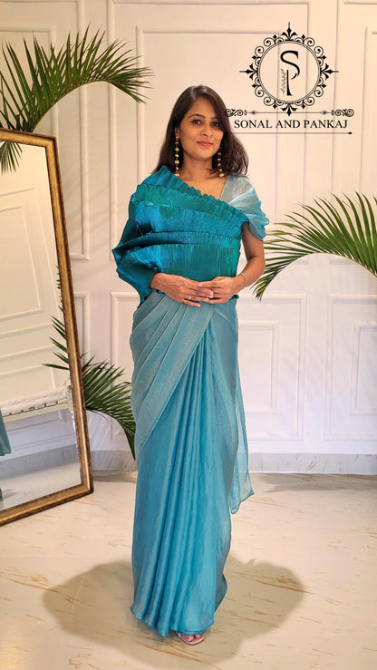 Desi Girl Vibe - Peacock Blue Top & Dusty Blue Pre-pleated Saree - SA01591