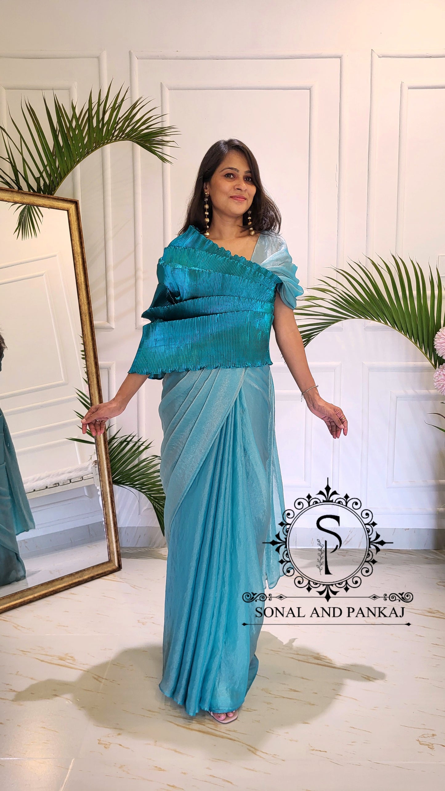 Desi Girl Vibe - Peacock Blue Top & Dusty Blue Pre-pleated Saree - SA01591