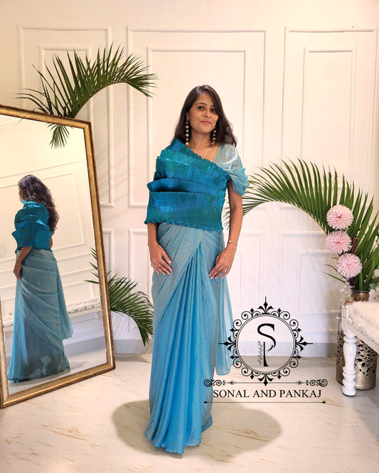 Desi Girl Vibe - Peacock Blue Top & Dusty Blue Pre-pleated Saree - SA01591