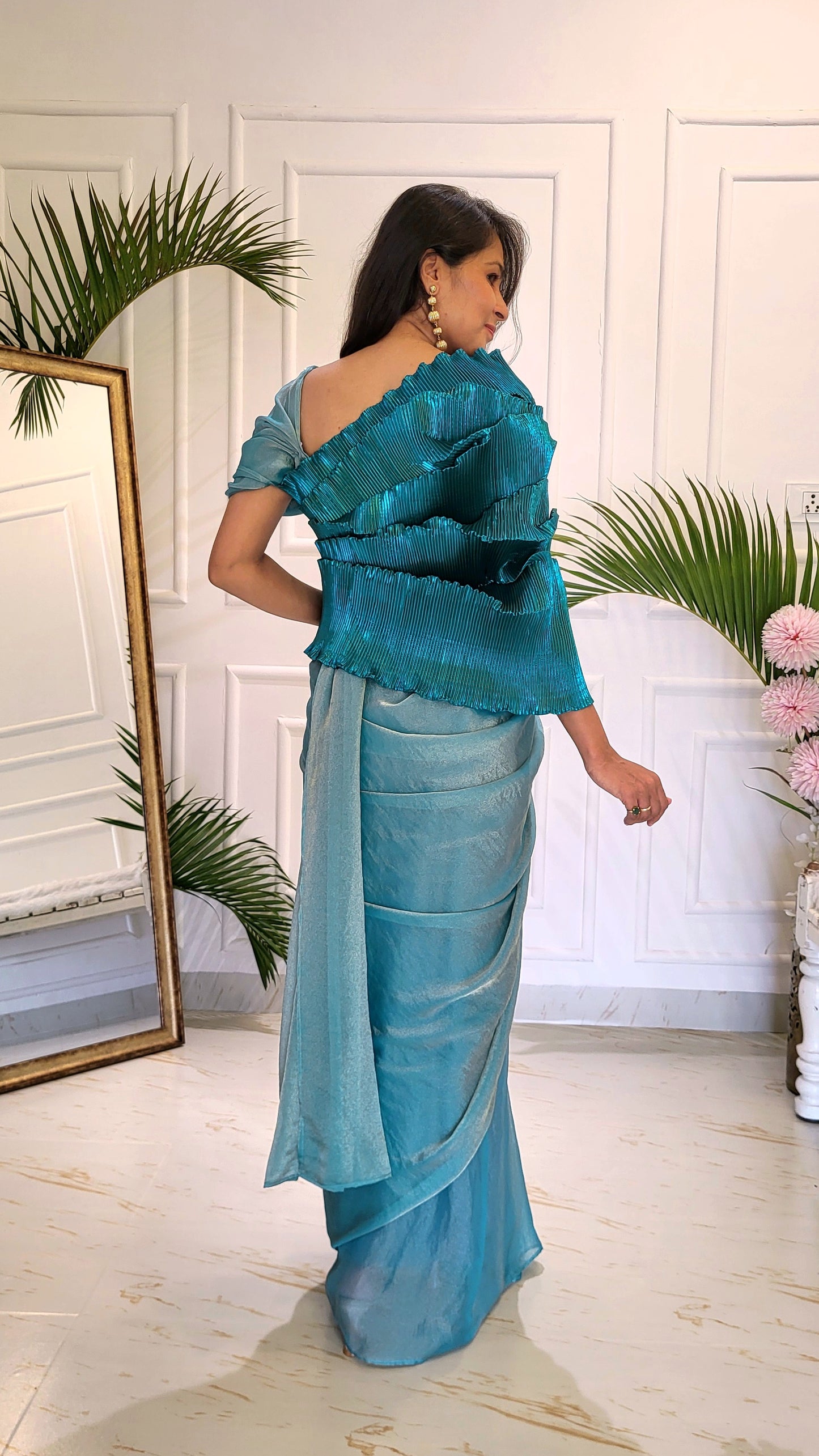 Desi Girl Vibe - Peacock Blue Top & Dusty Blue Pre-pleated Saree - SA01591
