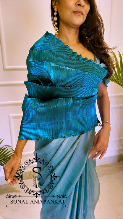 Desi Girl Vibe - Peacock Blue Top & Dusty Blue Pre-pleated Saree - SA01591