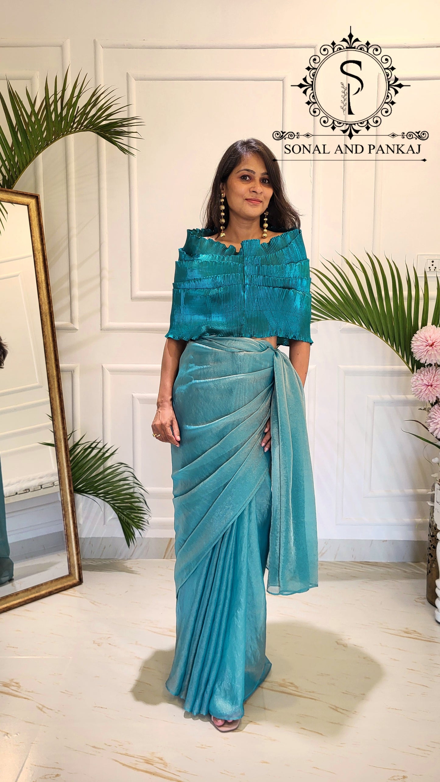 Desi Girl Vibe - Peacock Blue Top & Dusty Blue Pre-pleated Saree - SA01591