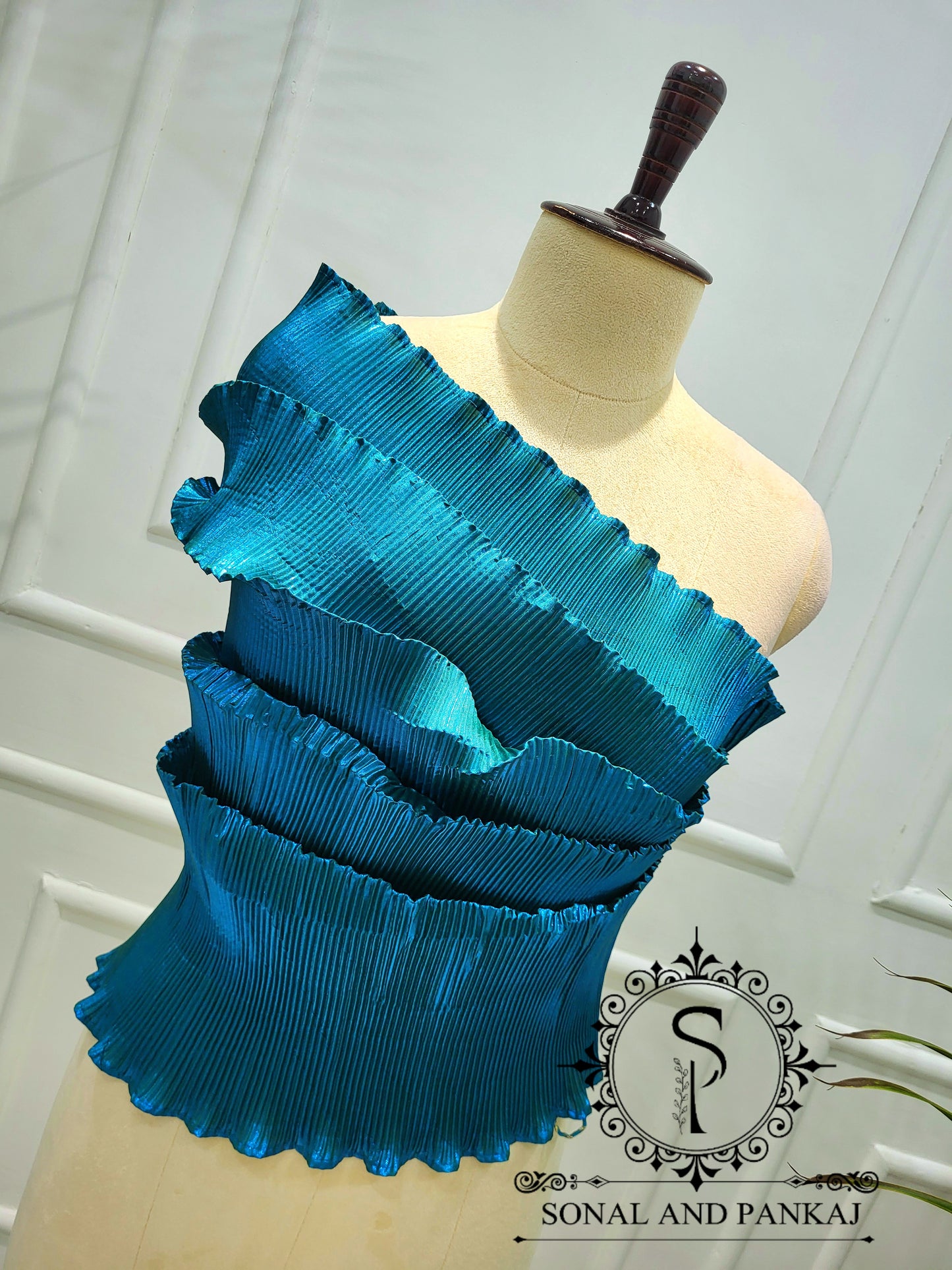 Desi Girl Vibe - Peacock Blue Top & Dusty Blue Pre-pleated Saree - SA01591