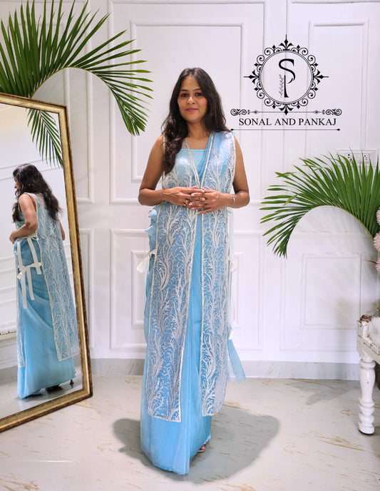 Galaxy - Pre-pleated Jacket Saree - SA01598 (Sky Blue)
