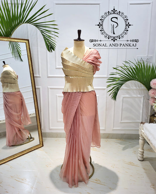 Desi Girl Vibe - Butter Scotch Top & Shimmering Misty Peach Pre-pleated Saree - SA01600