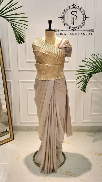 Desi Girl Vibe - Butter Scotch Top & Shimmering Beige Pre-pleated Saree - SA01599