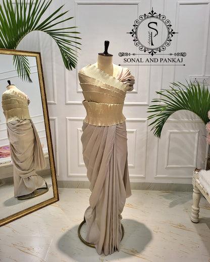 Desi Girl Vibe - Butter Scotch Top & Shimmering Beige Pre-pleated Saree - SA01599
