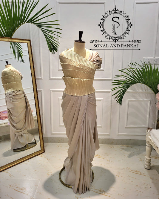 Desi Girl Vibe - Butter Scotch Top & Shimmering Beige Pre-pleated Saree - SA01599