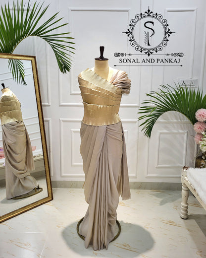 Desi Girl Vibe - Butter Scotch Top & Shimmering Beige Pre-pleated Saree - SA01599