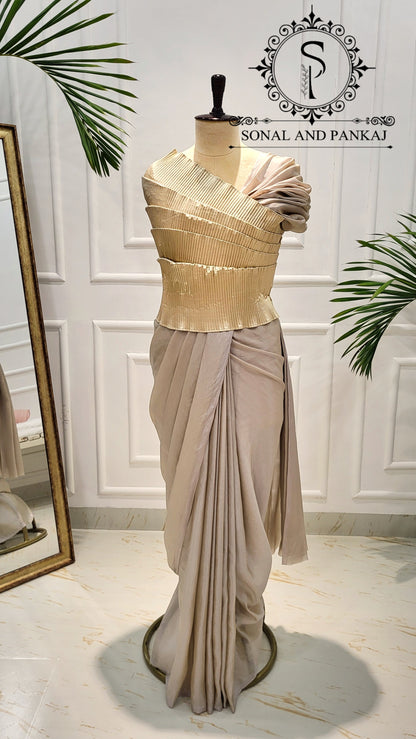 Desi Girl Vibe - Butter Scotch Top & Shimmering Beige Pre-pleated Saree - SA01599